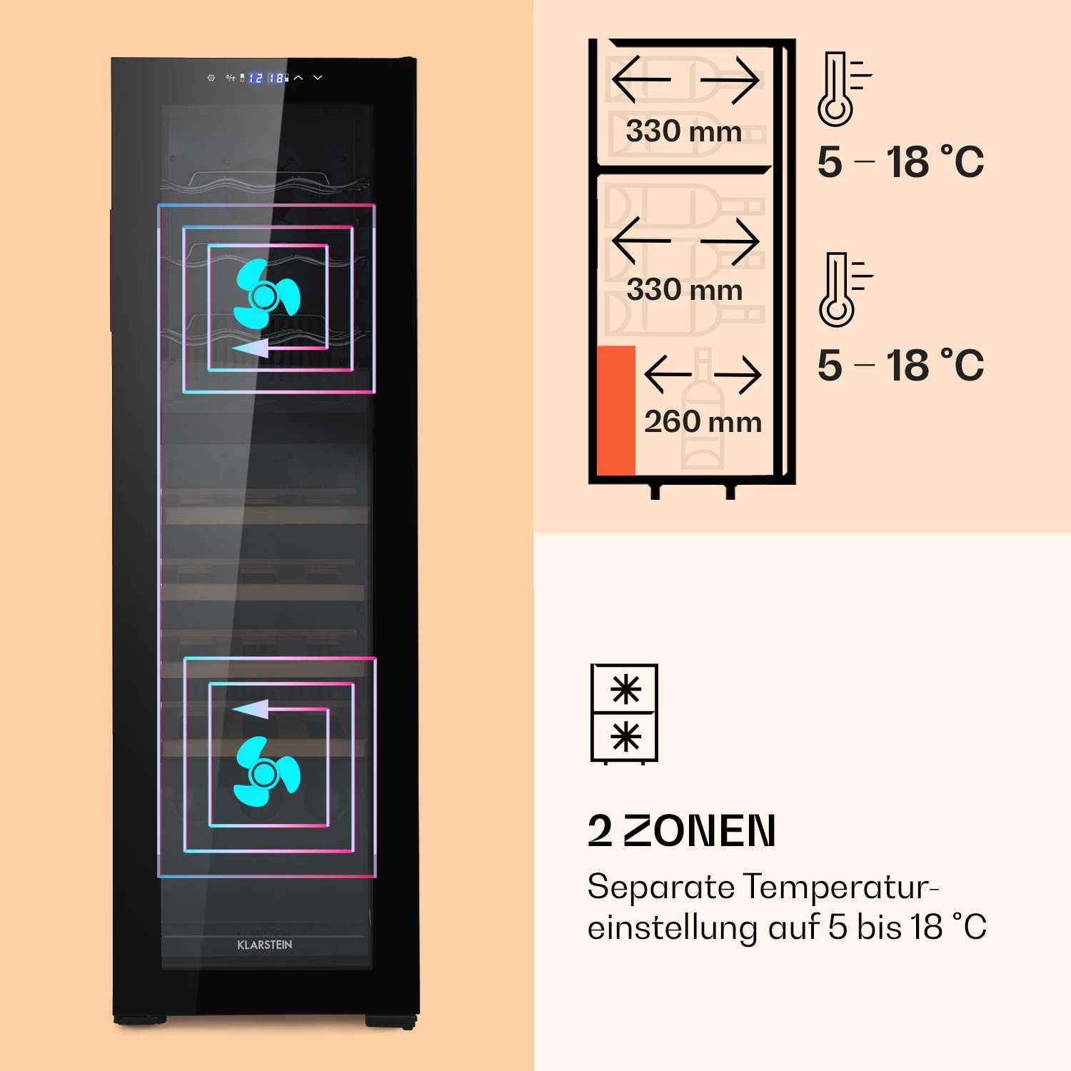 Bovella 27 Duo+ Zweizonen-Weinkühlschrank 74l 27 Fl. Glastür 4 Bovella 27 Duo+ Zweizonen-Weinkühlschrank 74l 27 Fl. Glastür – Bild 4