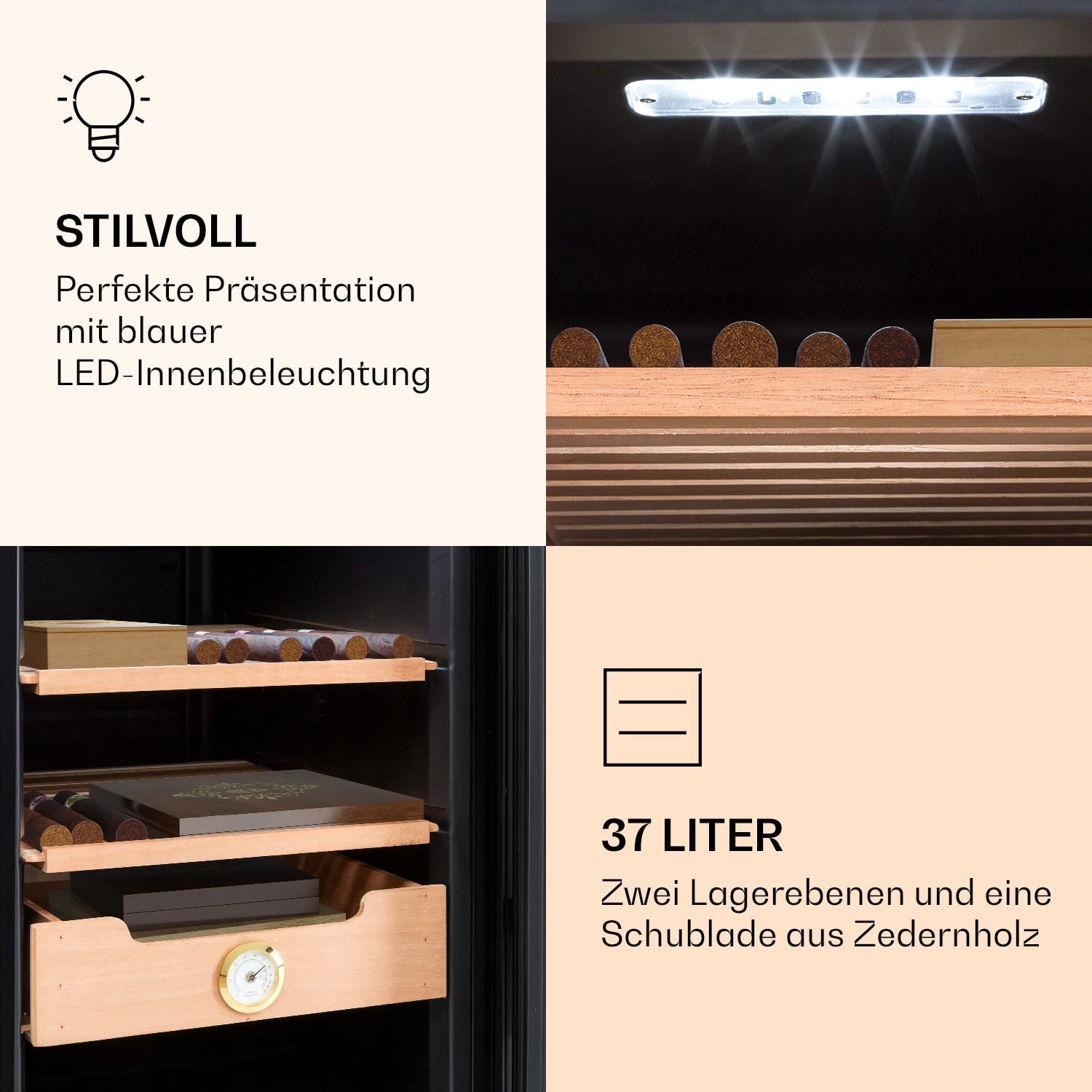 Klarstein El Presidente 37 Zigarren-Humidor 37L 2 Einschübe 1 Fach Zedernholz 6 Klarstein El Presidente 37 Zigarren-Humidor 37L 2 Einschübe 1 Fach Zedernholz – Bild 6