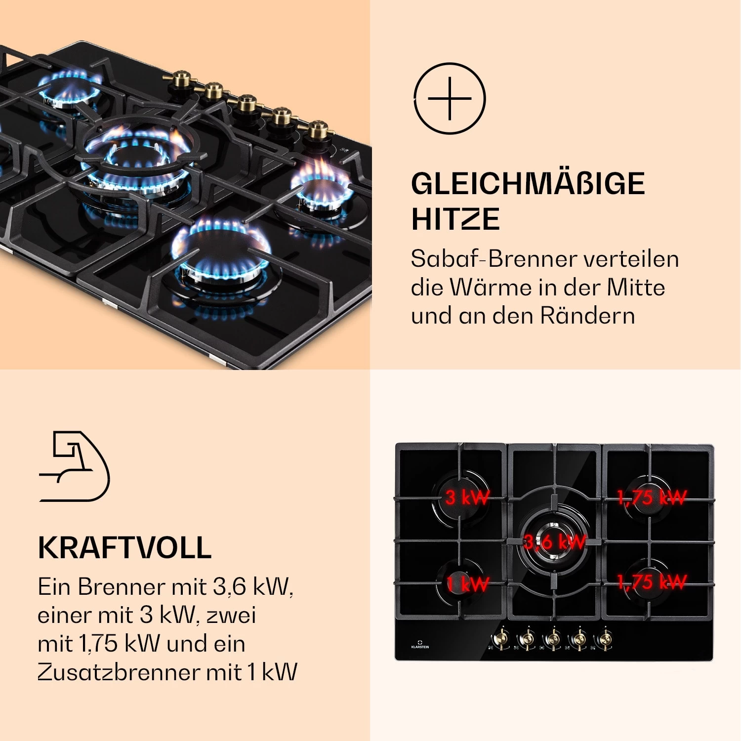 Victoria 5 Gaskochfeld 5-flammig Sabaf-Brenner Glaskeramik Retro-Look 3 Victoria 5 Gaskochfeld 5-flammig Sabaf-Brenner Glaskeramik Retro-Look – Bild 3