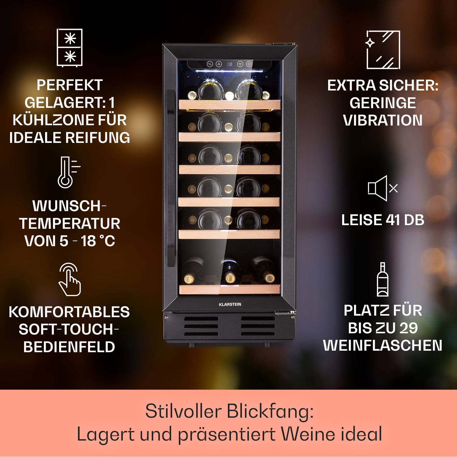 Vinovilla 29 Built-In Weinkühlschrank 81 L / 29 Fl. 1 Zone Glastür Edelstahl 2 Vinovilla 29 Built-In Weinkühlschrank 81 L / 29 Fl. 1 Zone Glastür Edelstahl – Bild 2